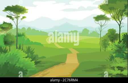 Landscape with hills, meadows and trees. Road. On the horizon of the mountains, the sky with clouds. Fields and pastures. Countryside. Rural. Vector Stock Vector