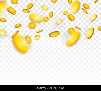 Gold coins falling from the top isolated on transparent background, vector illustration Stock Vector
