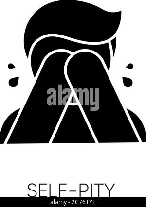 Self pity black glyph icon. Sad mental state, melancholy, depression silhouette symbol on white space. Feeling sorry for yourself, bad personality tra Stock Vector