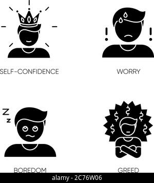 Negative feelings and bad traits black glyph icons set on white space. Human emotions, personal feelings silhouette symbols. Self confidence, worry, b Stock Vector