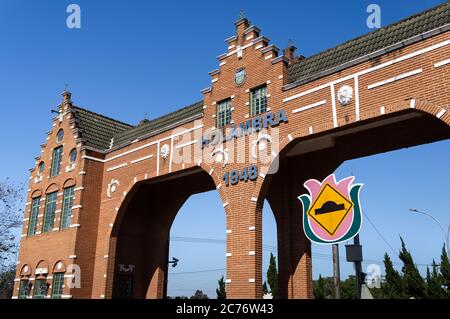 HOLAMBRA, SAO PAULO / BRAZIL - AUGUST 19, 2018: Close up detail of Holambra city gate entrance bricks facade with his typical architecture located at Stock Photo