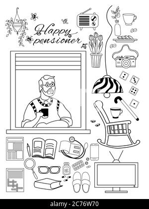 Elderly man. Happy elderly man at In the apartment window and things for a cozy pensioner life. Home appliances and rocking chairs, slippers and Stock Vector