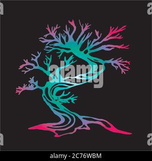 Color illustration of a running tree with a spiral ornament. The roots of the feet. Stock Vector
