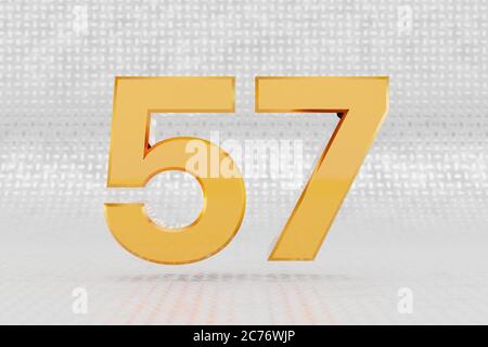 Yellow 3d number 57. Glossy yellow metallic number on metal floor background. Shiny gold metal alphabet with studio light reflections. 3d rendered font character. Stock Photo