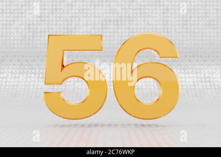 Yellow 3d number 56. Glossy yellow metallic number on metal floor background. Shiny gold metal alphabet with studio light reflections. 3d rendered font character. Stock Photo