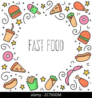 Hand drawn frame of fast food elements, burger, pizza, sandwich, hamburger, snack. Doodle sketch style. Fast food element drawn by digital brush-pen. Vector illustration for icon, menu, frame design. Stock Vector