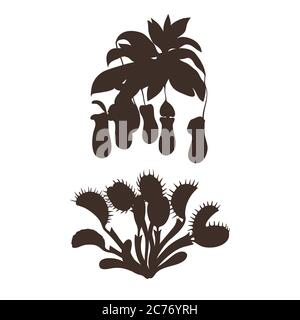 Black silhouettes of carnivorous plants isolated on white background. Vector illustration. Stock Vector