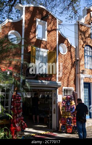 The typical dutch architecture facade and entrance of Casa Bela - Gift Shop at Doria Vasconcelos street, in downtown Holambra. Stock Photo
