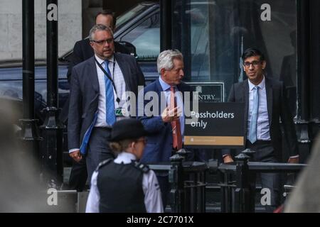 Westminster, London, UK. 14th July, 2020. Rishi Sunak, Chancellor of the Exchequer. Cabinet ministers, senior Conservative MPs and Labour front bench politicians can be seen in the grounds of the House of Commons just before the Flammable Cladding Removal debate in the Commons. Credit: Imageplotter/Alamy Live News Stock Photo