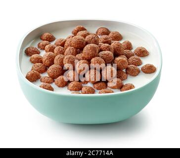 bowl of breakfast cereal balls with milk isolated on white background Stock Photo