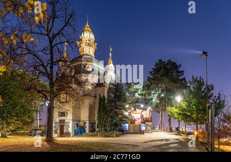 CZECH REPUBLIC, PRAGUE - OCTOBER 17, 2008: Hanavsky Pavilion in Art Nouveau architectural style by night. Letna Gardens, Prague, Czech Republic. Stock Photo