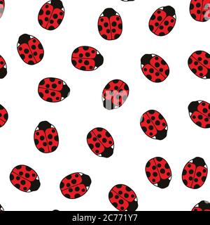 Seamless pattern with cute ladybugs and curly abstract line elements. Vector illustration. Stock Vector