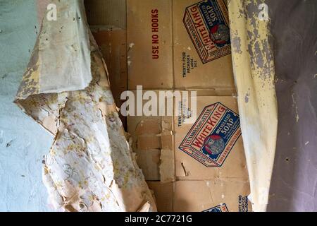 Bannack State Park, Montana - June 29, 2020: Peeling wallpaper inside an abandoned building in the ghost town reveals vintage advertisement for White Stock Photo
