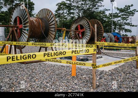 danger, electrical waste area, keep safe distance, very dangerous Stock Photo