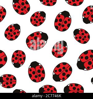 Seamless pattern with cute ladybugs and curly abstract line elements. Vector illustration. Stock Vector