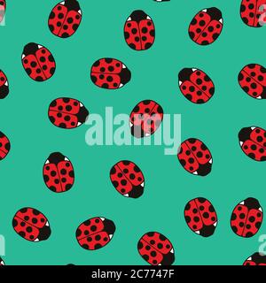Seamless pattern with cute ladybugs and curly abstract line elements. Vector illustration. Stock Vector