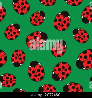 Seamless pattern with cute ladybugs and curly abstract line elements. Vector illustration. Stock Vector