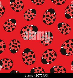 Seamless pattern with cute ladybugs and curly abstract line elements. Vector illustration. Stock Vector
