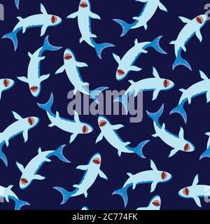 Seamless pattern with cute little cartoon sharks. Vector illustration. Stock Vector