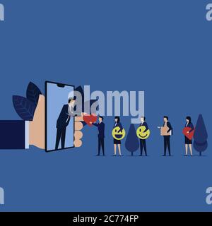 Businessman give love smile thumb online phone with internet for rating review feedback. Stock Vector