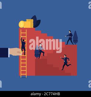 Businessman work hard climbing up stair while other climbing easily with ladder. Stock Vector