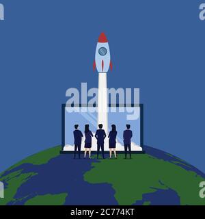 Business team see rocket launch metaphor start up go international. Stock Vector