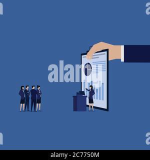 Businesswoman presentation data analysis audit financial report. Business Landing Page Template. Stock Vector