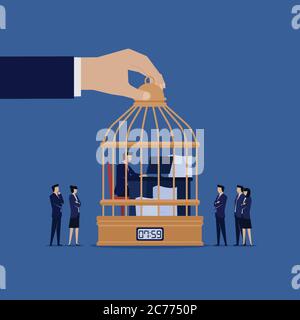 Businessman work on the cage for 8 hours watching by manager. Business Landing Page Template. Stock Vector