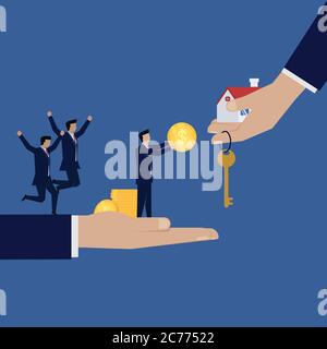 Businessman credit home to bank. Business Landing Page Template. Stock Vector