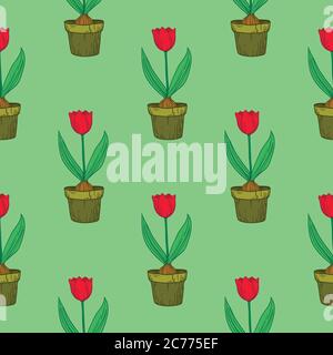 Cute seamless pattern with tulips in pots. Vector floral background. Stock Vector