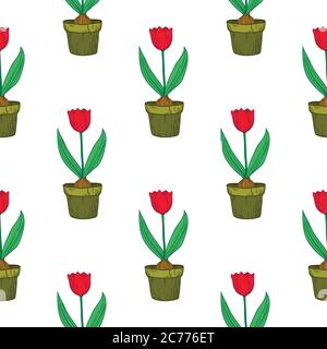 Cute seamless pattern with tulips in pots. Vector floral background. Stock Vector