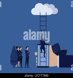 Businessman climb ladder to cloud from phone mobile metaphor of stay connected with us. Stock Vector