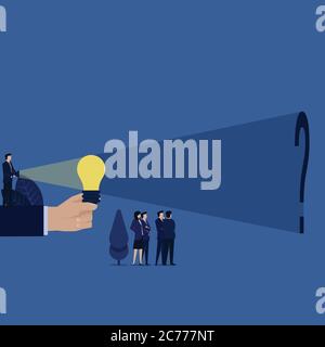 Business manager light up idea bulb and find question mark behind metaphor of seek the truth. Stock Vector
