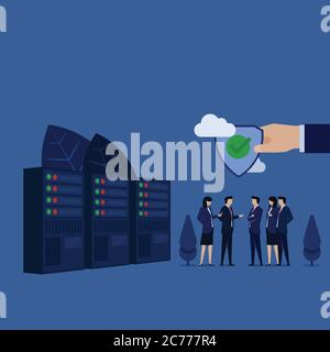 Business team discuss hand hold secure connection shield beside data center. Stock Vector
