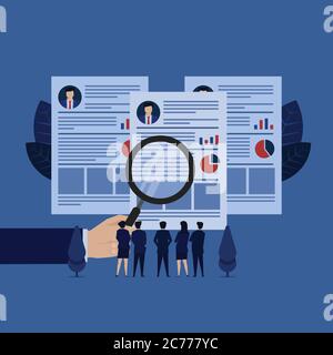 Business hand hold magnify on curriculum vitae manager and team review metaphor of hiring. Stock Vector
