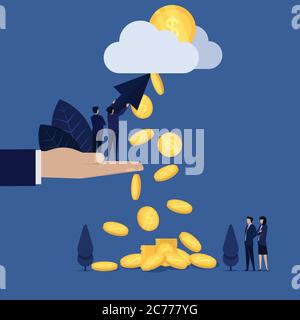Businessman hold click and pointing cloud coins fall metaphor of pay per click. Stock Vector