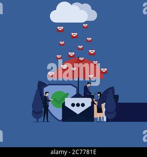 Business hand hold umbrella team work on laptop phone under rain of spam email from cloud. Stock Vector
