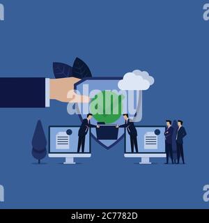 Business share data management from monitor to other with shield metaphor of secure data sharing online. Stock Vector