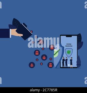 Business team see folder spread virus to phone protected by shield. Stock Vector