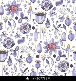 Floral doodle seamless vector pattern. Flower summer hand drawn background with trendy nature abstract sketch illustration with saving real texture. Stock Vector