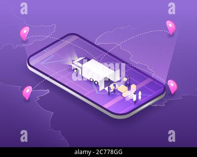 People packaging and sorting the boxes to the truck and using online map in modern landing page for courier website. 3D isometric vector illustration Stock Vector