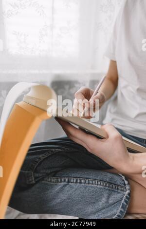 Woman Drawing in Sketchbook with Pencil at Wooden Table, Top View Stock  Image - Image of draw, leisure: 243607331