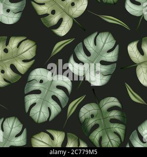 Realistic colorful tropical palm monstera leaves vector seamless pattern. Jungle botanical summer background. Exotic green nature wallpaper. Stock Vector