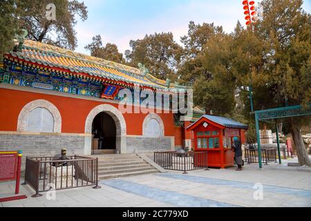 Beijing, China - Jan 11 2020: Yongan temple (Temple of Everlasting Peace) situated in the heart of Beihai park in Jade Flower Island. It's home to the Stock Photo