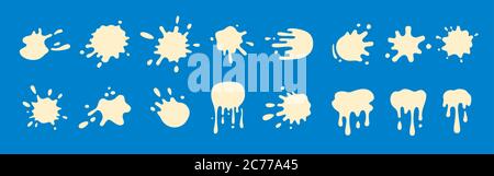 White yogurt splatters blob cartoon set. Milk current splatter collection. Shapes liquids, stain shape collection, abstract drops cream flat spatters. Isolated vector illustration Stock Vector