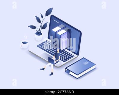 A person studies online course via laptop and books in the workspace. Online education concept. 3D isometric vector image Stock Vector