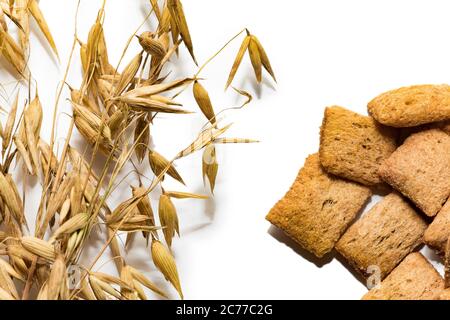 Dietary cereal pads on a white background. Branch of dry oats and cereal pads on a white background Stock Photo