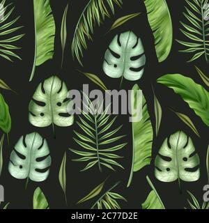 Realistic colorful monstera tropical palm leaves vector seamless pattern. Jungle botanical summer background. Exotic green nature wallpaper. Stock Vector