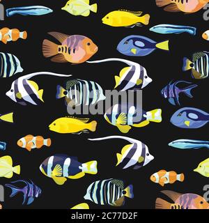 Cute seamless pattern with bright tropical coral fishes. Stock Vector