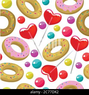 Seamless pattern with candy balls and heart shaped lollipops Colorful bright vector illustration. Stock Vector